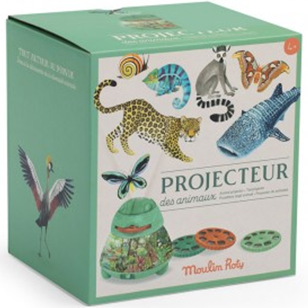 De groene verpakking van de Moulin Roty projector met illustraties van diverse dieren.