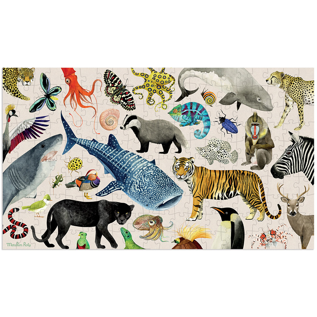 Moulin Roty legpuzzel van 200 stukjes met een illustratie van diverse dieren.