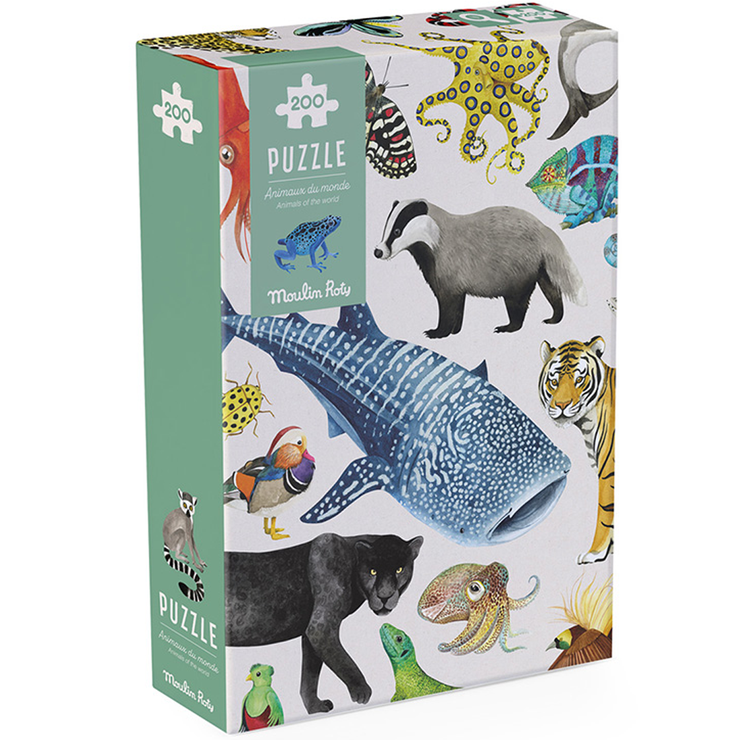 De verpakking van de Moulin Roty legpuzzel van 200 stukjes met dieren.