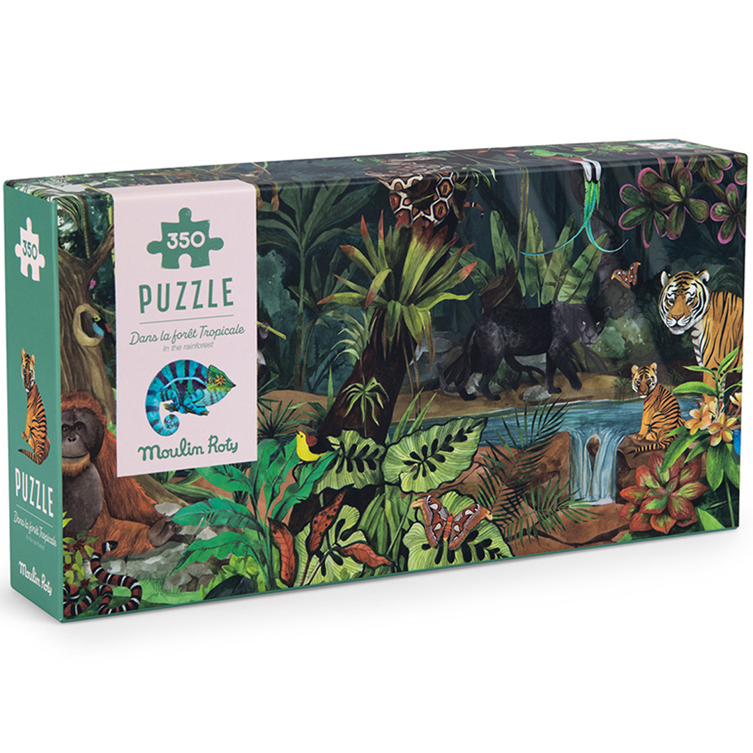 Schuine weergave van de Moulin Roty legpuzzelverpakking met een illustratie van een regenwoud met dieren.