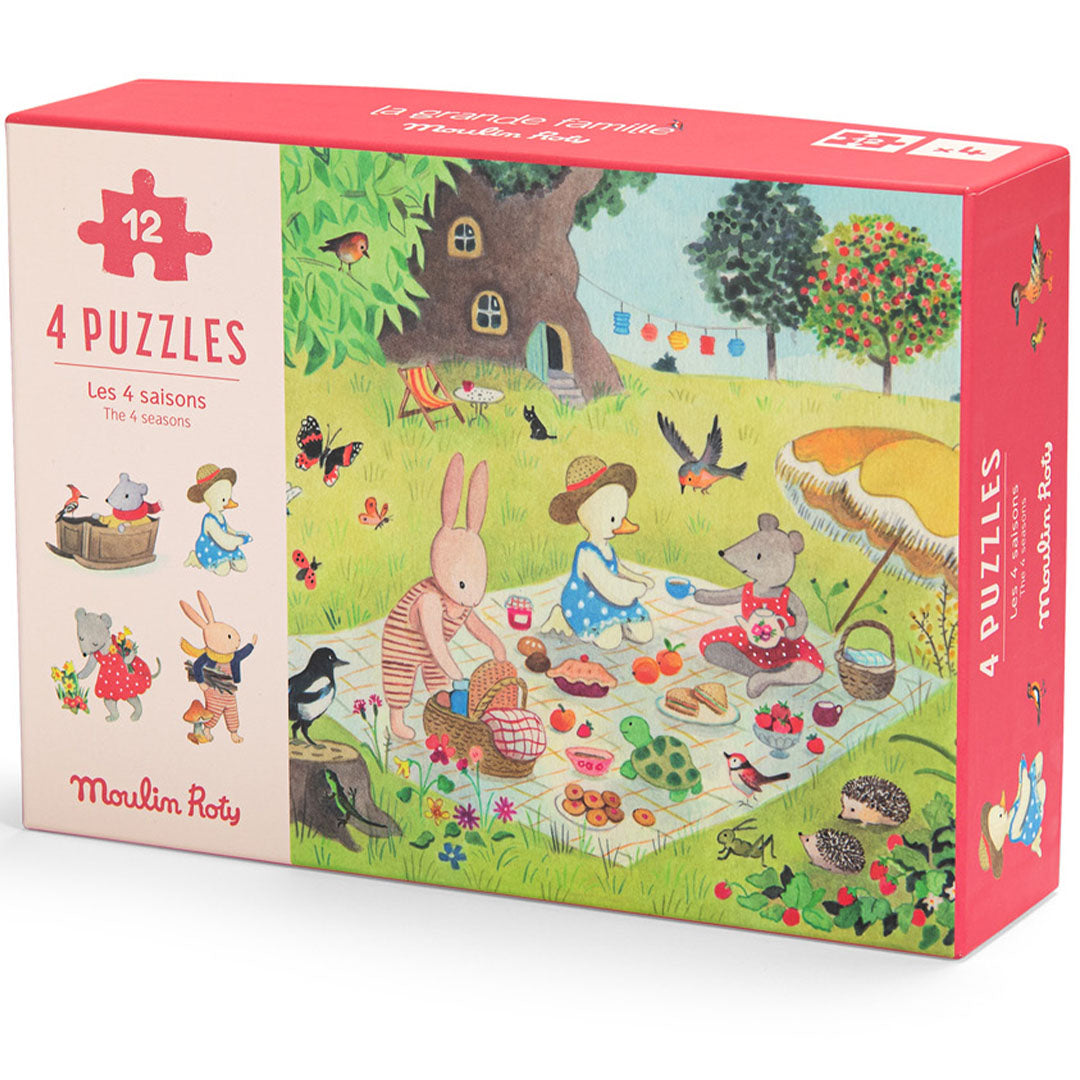 Moulin Roty legpuzzel set 'La Grande Famille' met dierenpicknick op de rode verpakking.