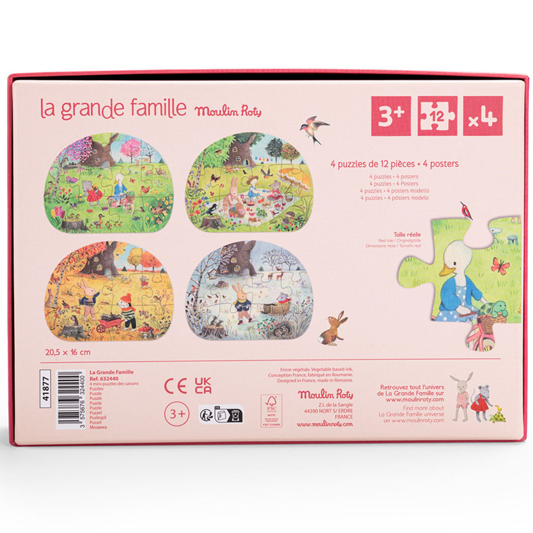 Achterkant van de Moulin Roty legpuzzel set verpakking met afbeeldingen van de vier seizoenenpuzzels en productinformatie.