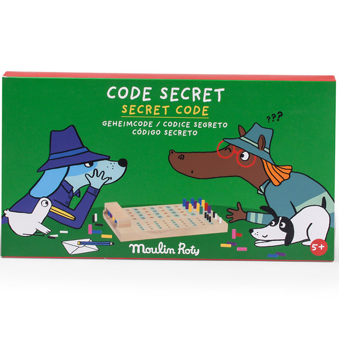 De groene verpakking van het Moulin Roty raadspel 'Code Secret' met cartoonhonden.