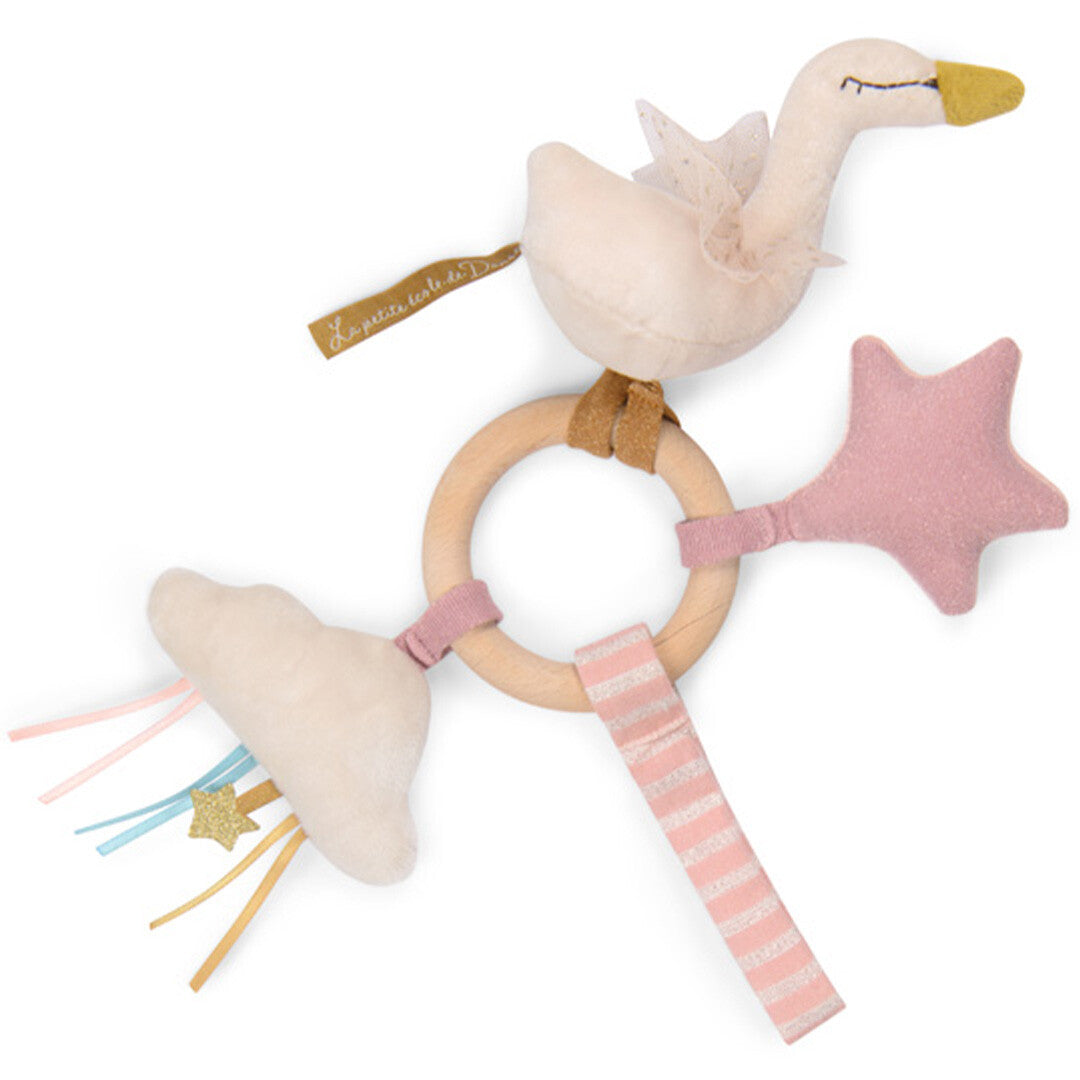 Moulin Roty babyspeelgoed rammelaar met houten ring, pluchen zwaan, roze ster en wolkje.