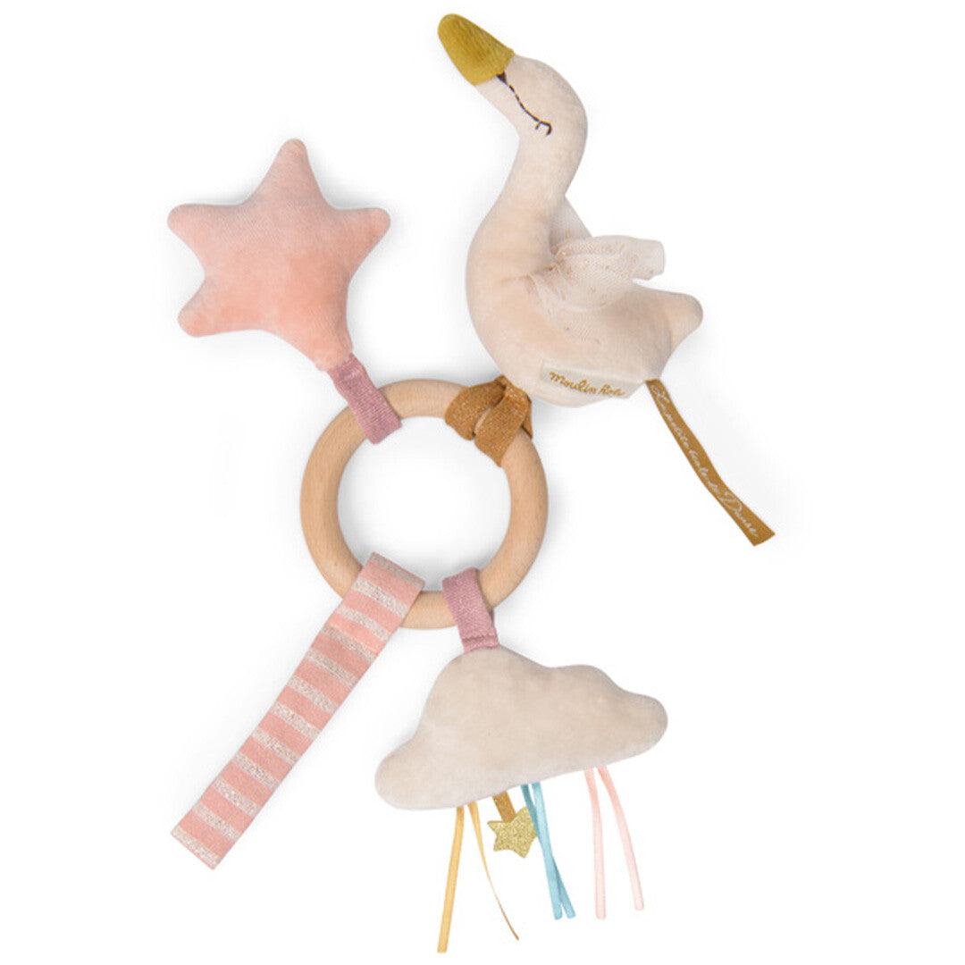 Moulin Roty babyspeelgoed rammelaar met houten ring, pluchen zwaan, roze ster en wolkje.
