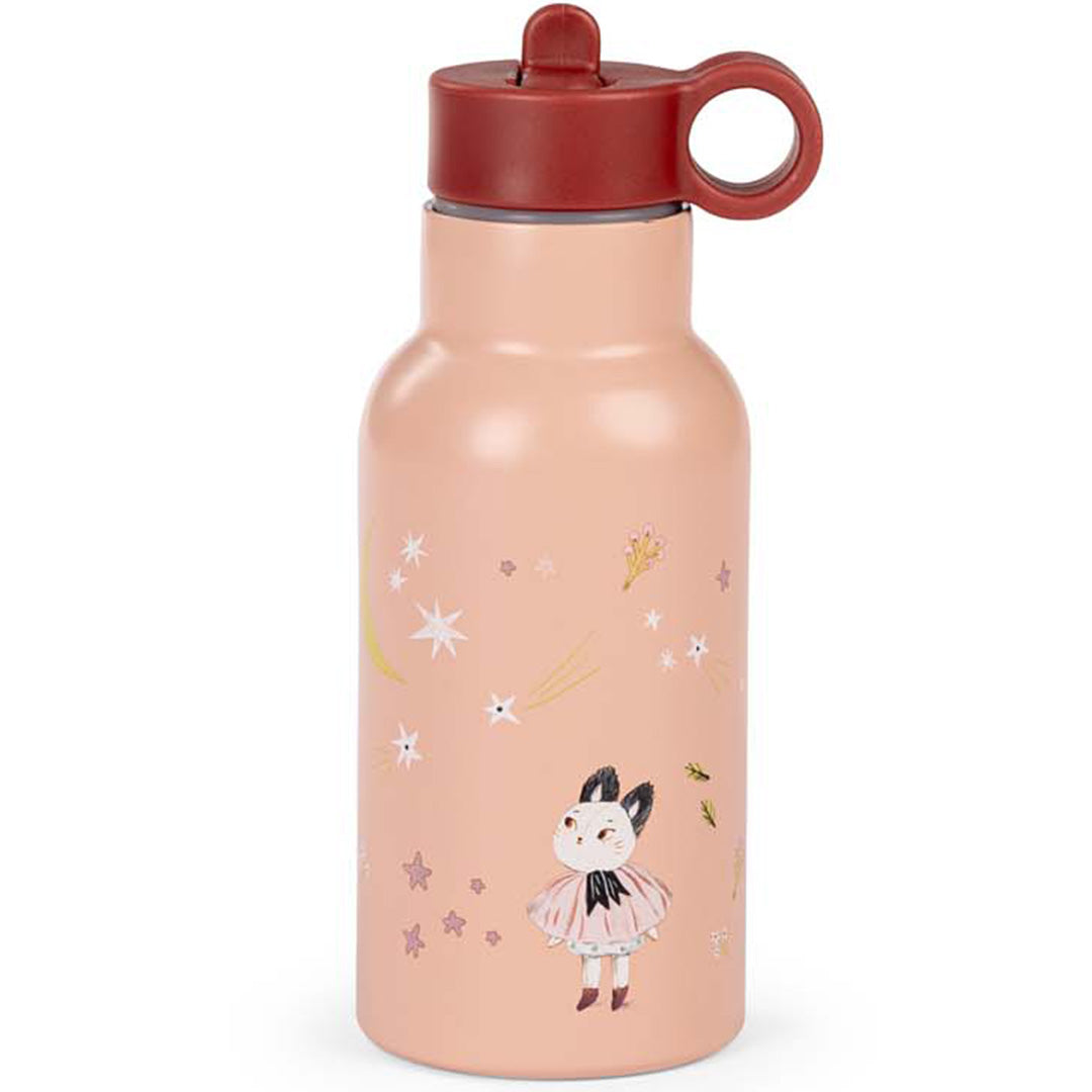 Moulin Roty roze kinderdrinkfles van roestvrij staal met een figuur, sterren en bladeren.