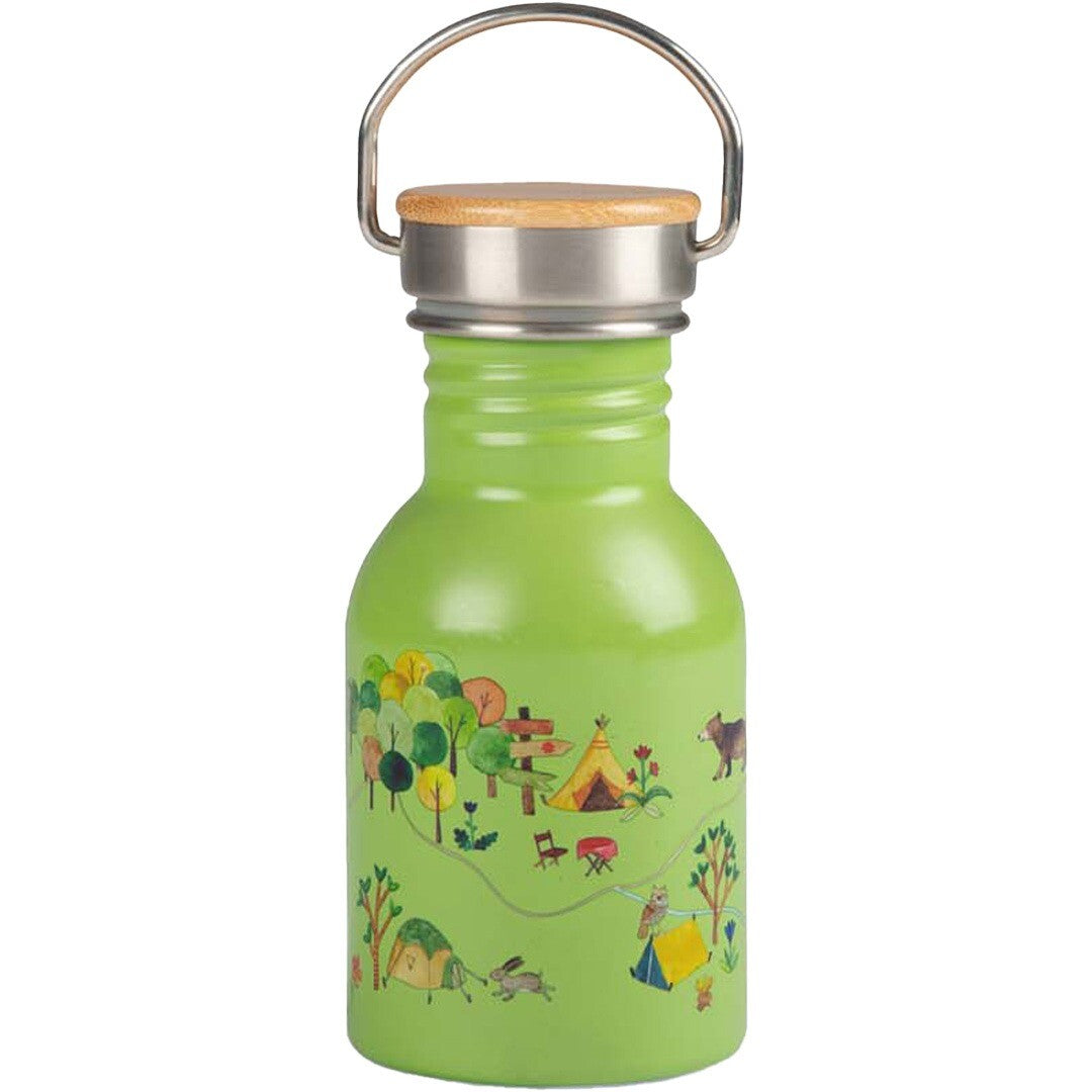 Moulin Roty groene kinder drinkfles van RVS met camping thema en bamboe dop.