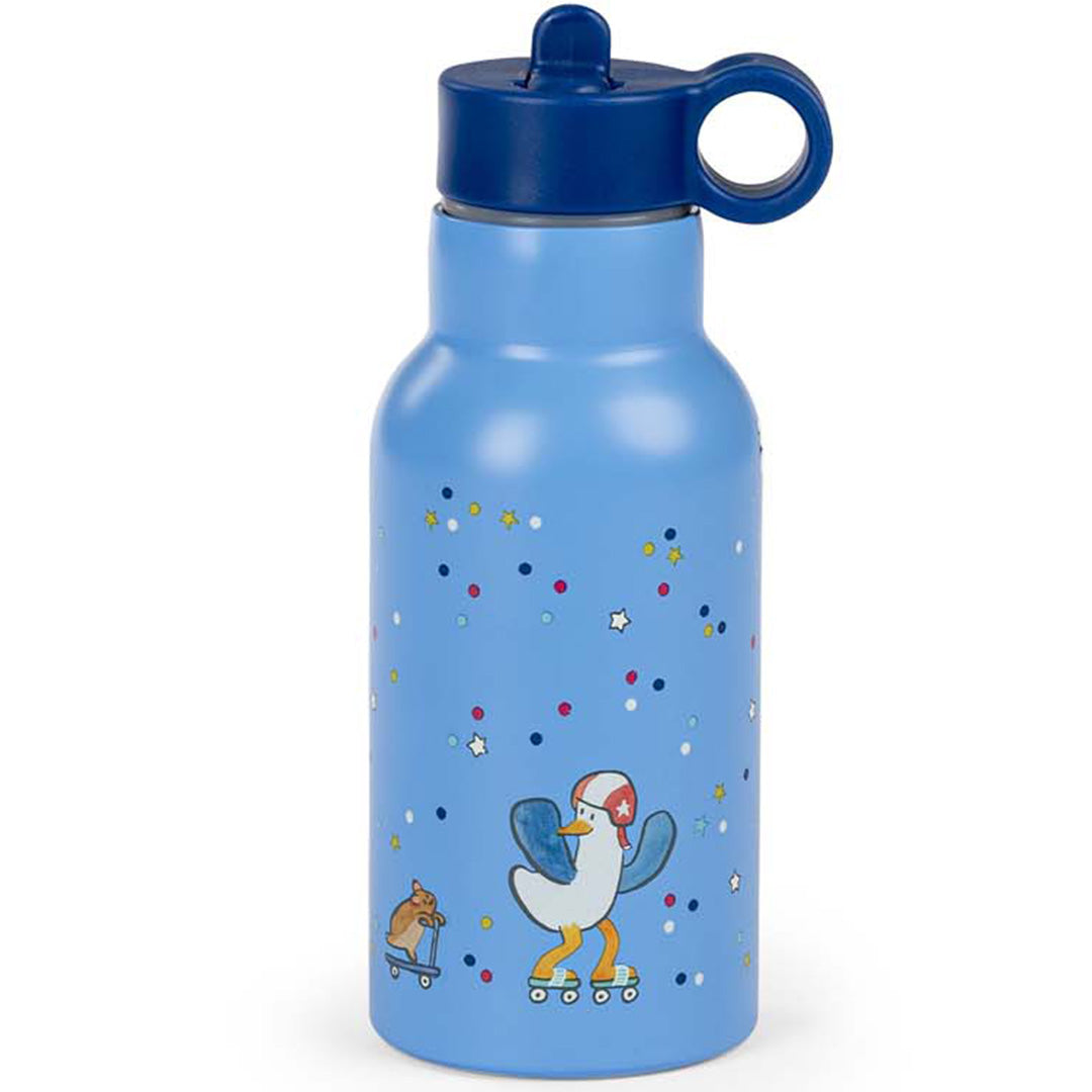 Moulin Roty blauwe kinder waterfles met Puce & Pilou dierfiguren, stippen en sterren.