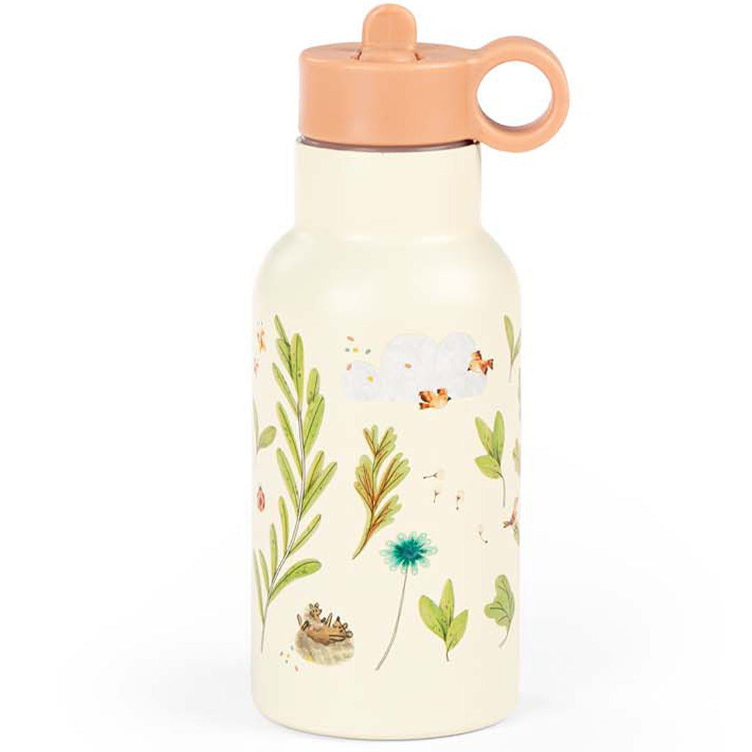 Moulin Roty RVS drinkfles voor baby's en peuters met een patroon van bladeren, bloemen en dieren.