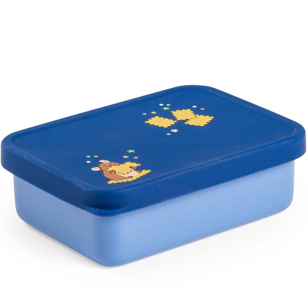 Moulin Roty blauw kinder snackdoosje met Puce & Pilou figuur op de deksel.