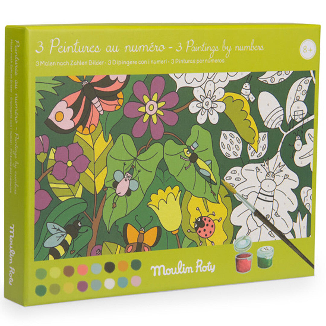 Moulin Roty verpakking van een verf-op-nummerset met een botanisch thema van insecten en bloemen.