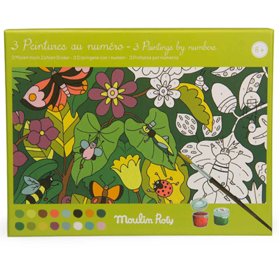 Vooraanzicht van de Moulin Roty verpakking van een verf-op-nummerset met een botanisch thema.