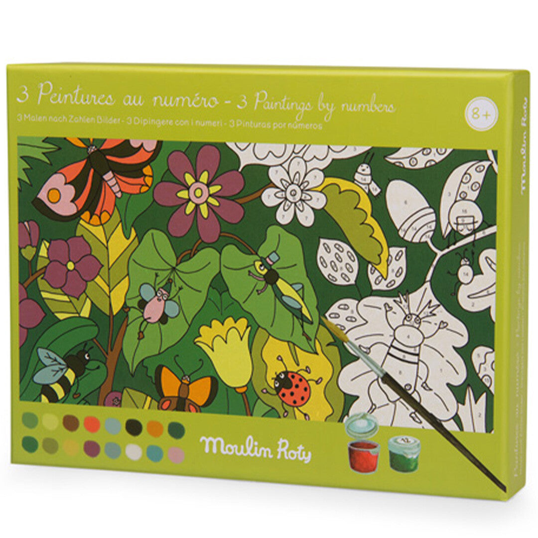 Schuin bovenaanzicht van de Moulin Roty verpakking van een verf-op-nummerset met een botanisch thema.