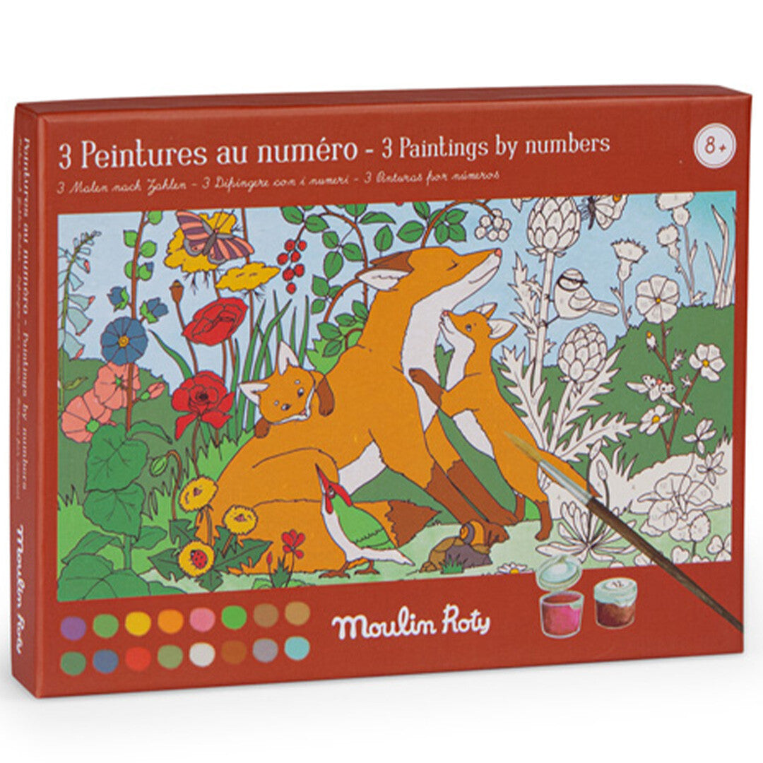 Schuine weergave van de verpakking van de Moulin Roty verf-op-nummerset met vossen en bloemen.