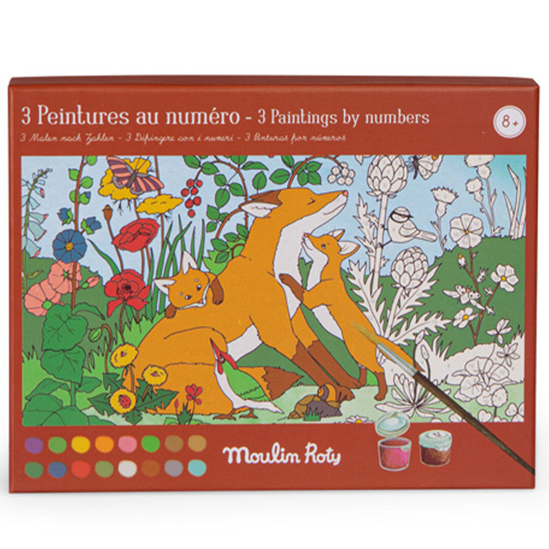 Vooraanzicht van de verpakking van de Moulin Roty verf-op-nummerset met vossen en bloemen.
