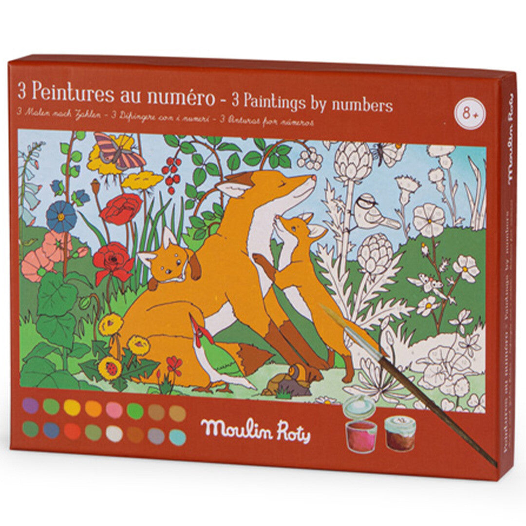 Schuine weergave van de verpakking van de Moulin Roty verf-op-nummerset met vossen en bloemen.