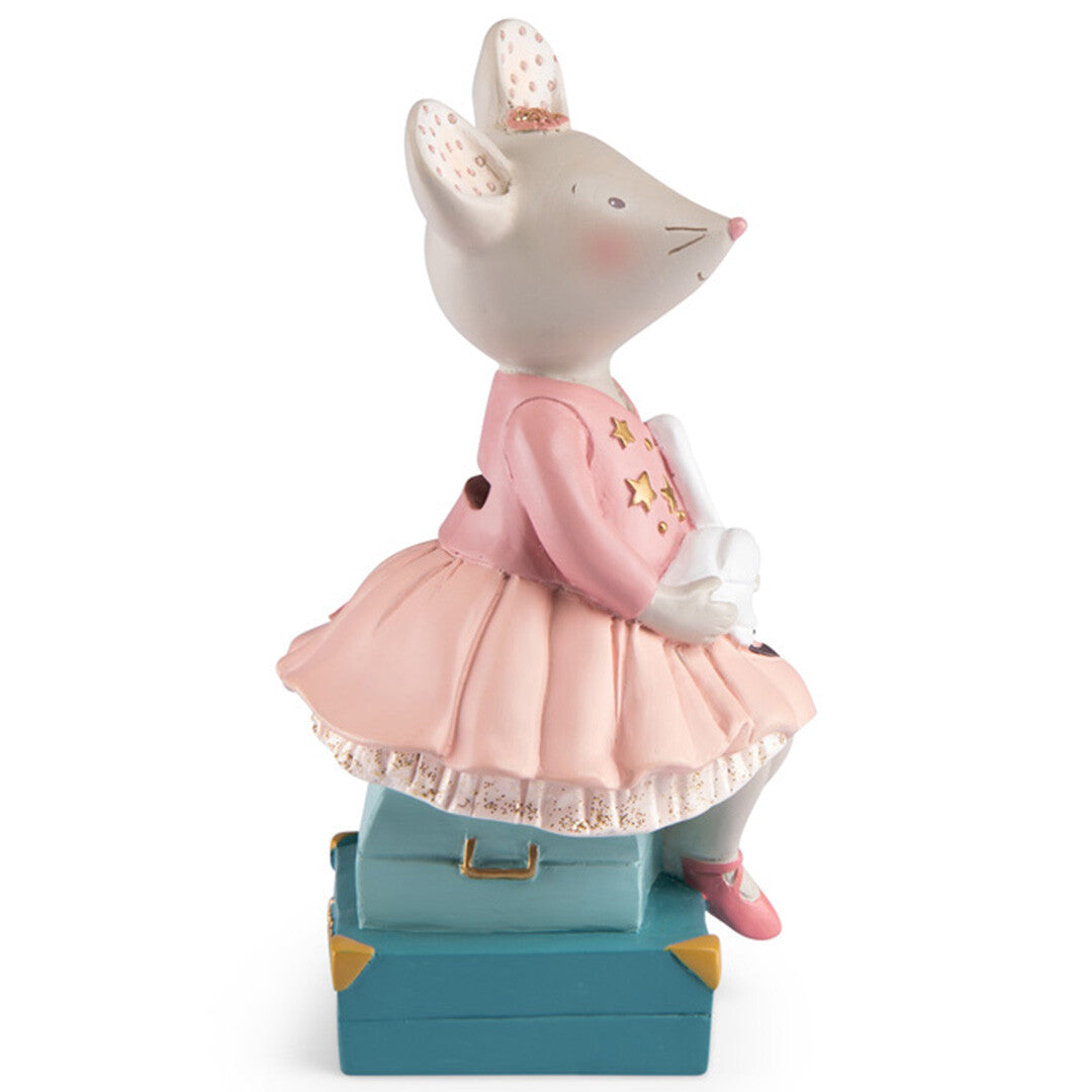 Rechter zijaanzicht van de Moulin Roty spaarpot van een muis in roze balletpakje met zwaan.