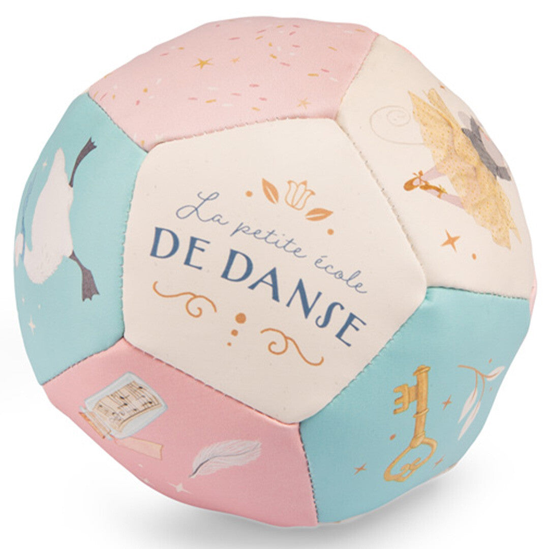 Moulin Roty babyspeelbal met de tekst 'La petite école de danse' en een zwaan.