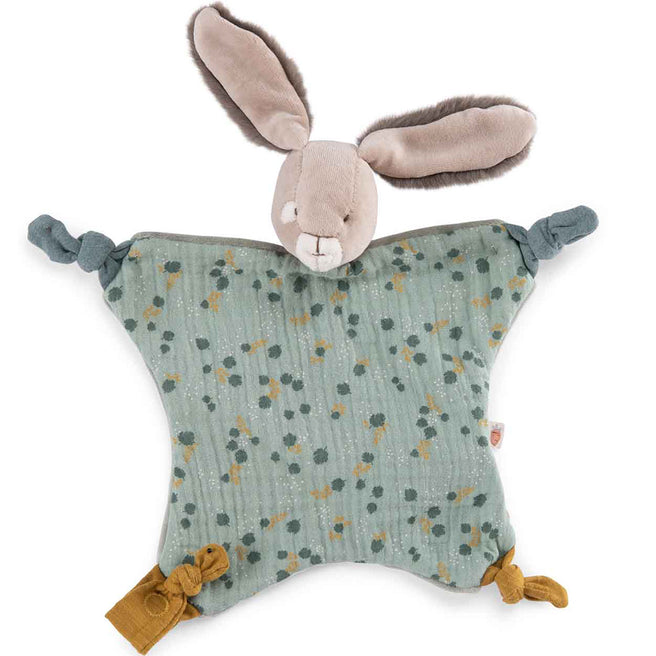 Moulin Roty babyspeelgoed knuffeldoekje konijn met groen gebloemd patroon.