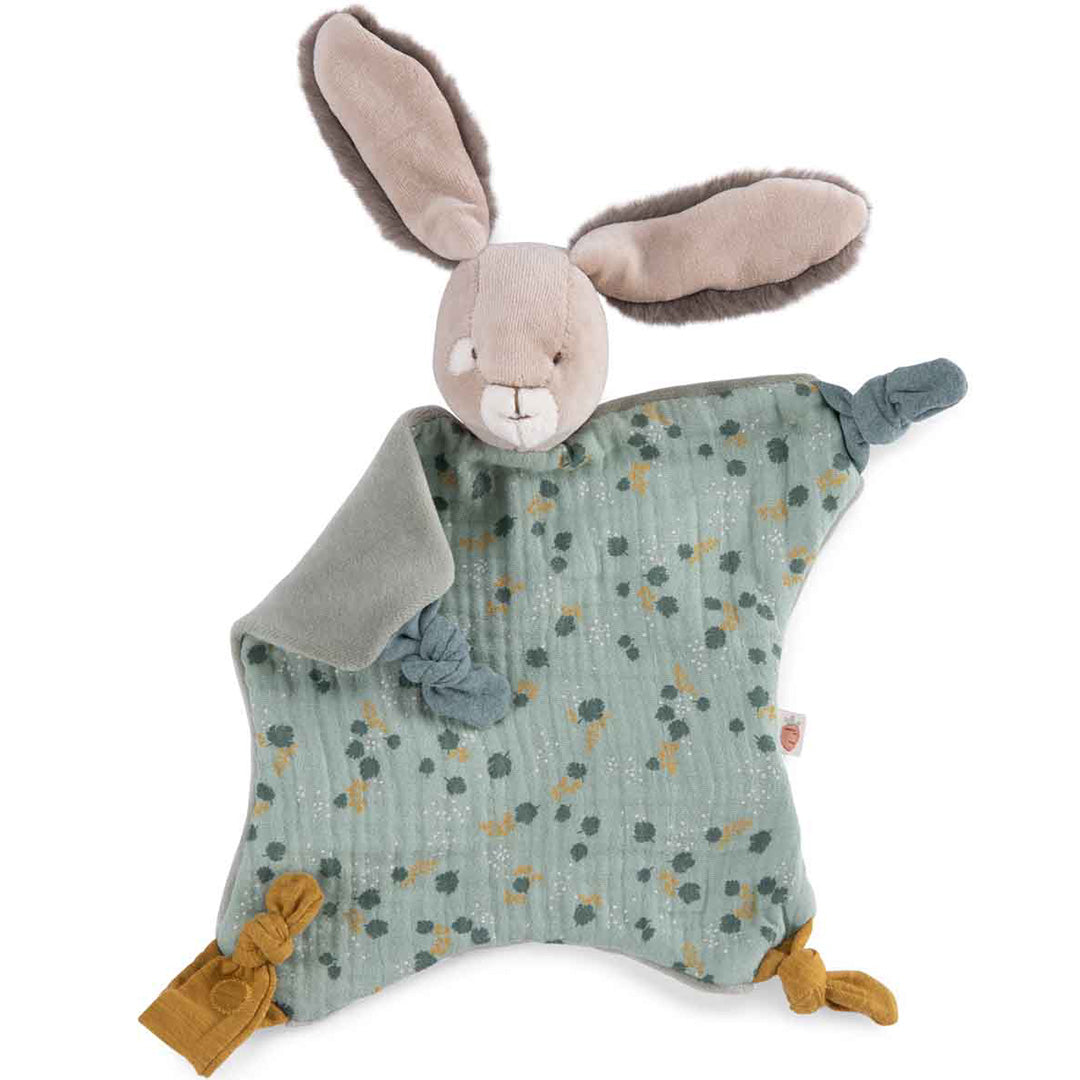 Moulin Roty babyspeelgoed knuffeldoekje konijn met groen gebloemd patroon, schuin gefotografeerd.