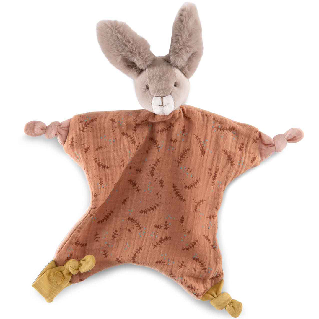 Moulin Roty babyspeelgoed speendoek konijn met een oranje doek met bladerenpatroon.