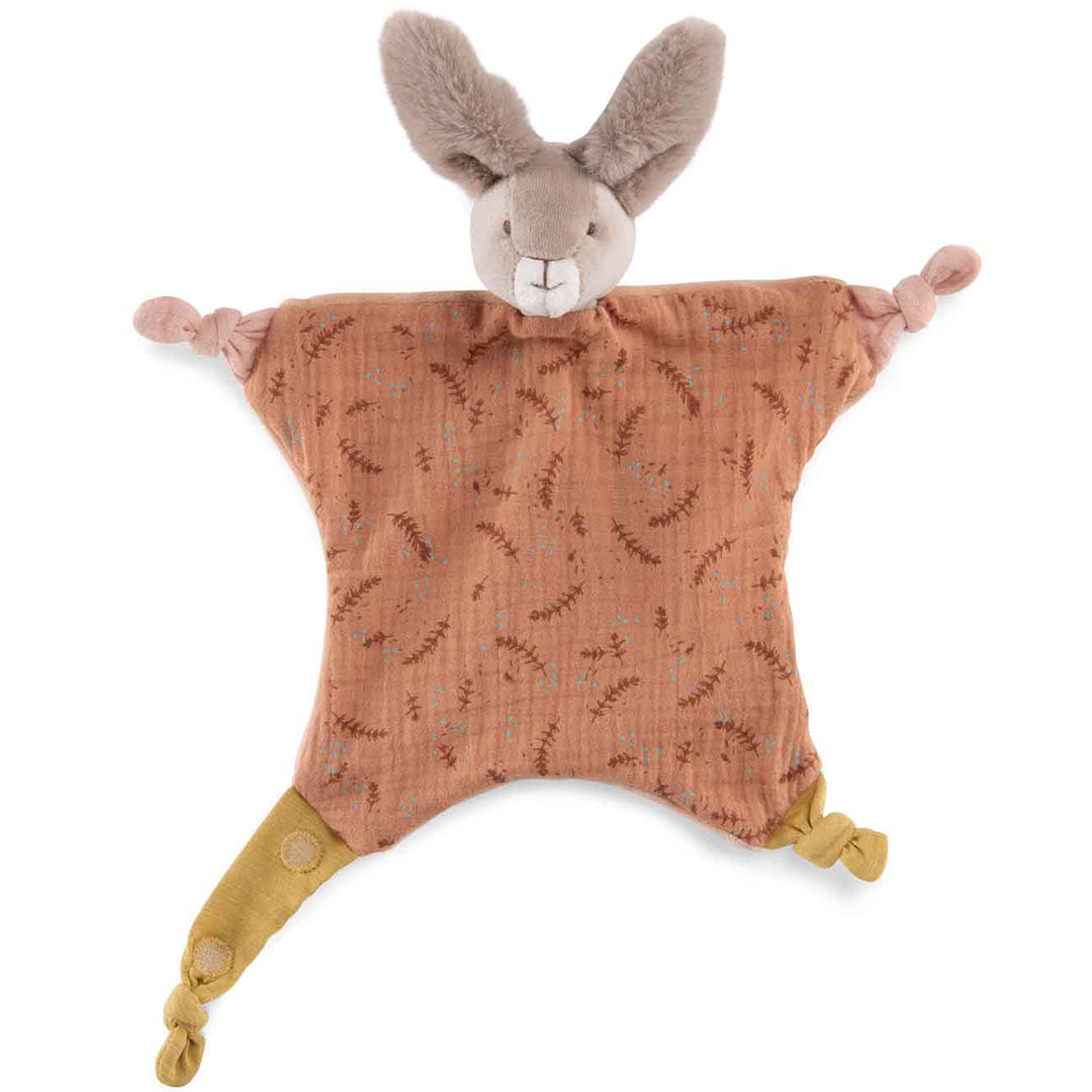 Moulin Roty babyspeelgoed speendoek konijn met een oranje doek met bladerenpatroon en gele knoopjes aan de onderkant.