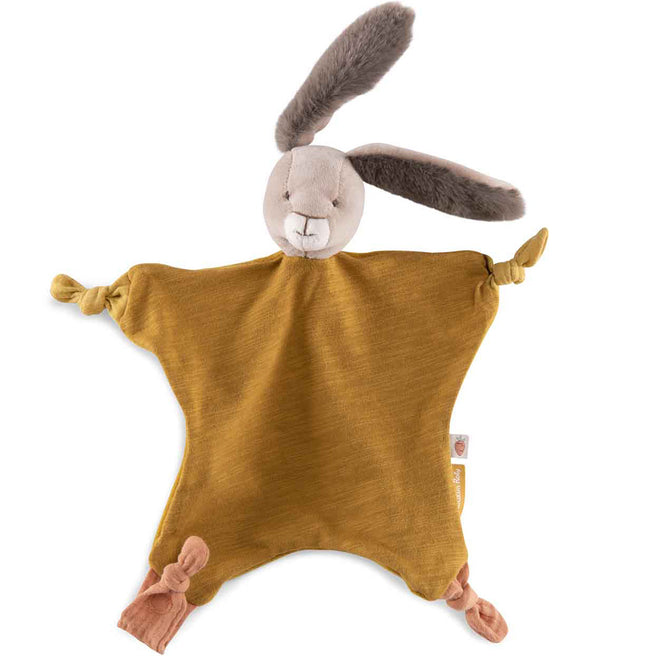 Moulin Roty okergeel konijn knuffeldoekje voor baby's, plat liggend.