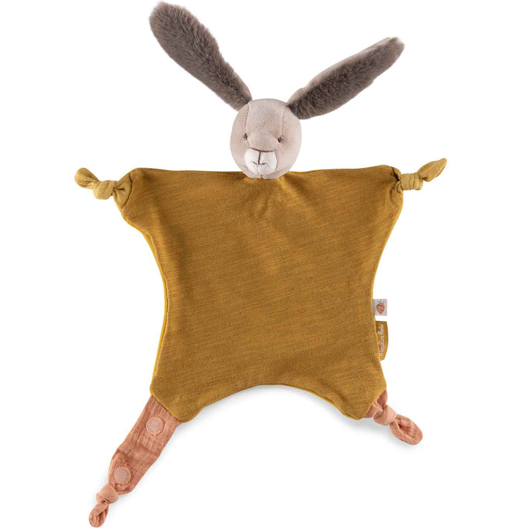 Moulin Roty okergeel konijn knuffeldoekje voor baby's, plat liggend.