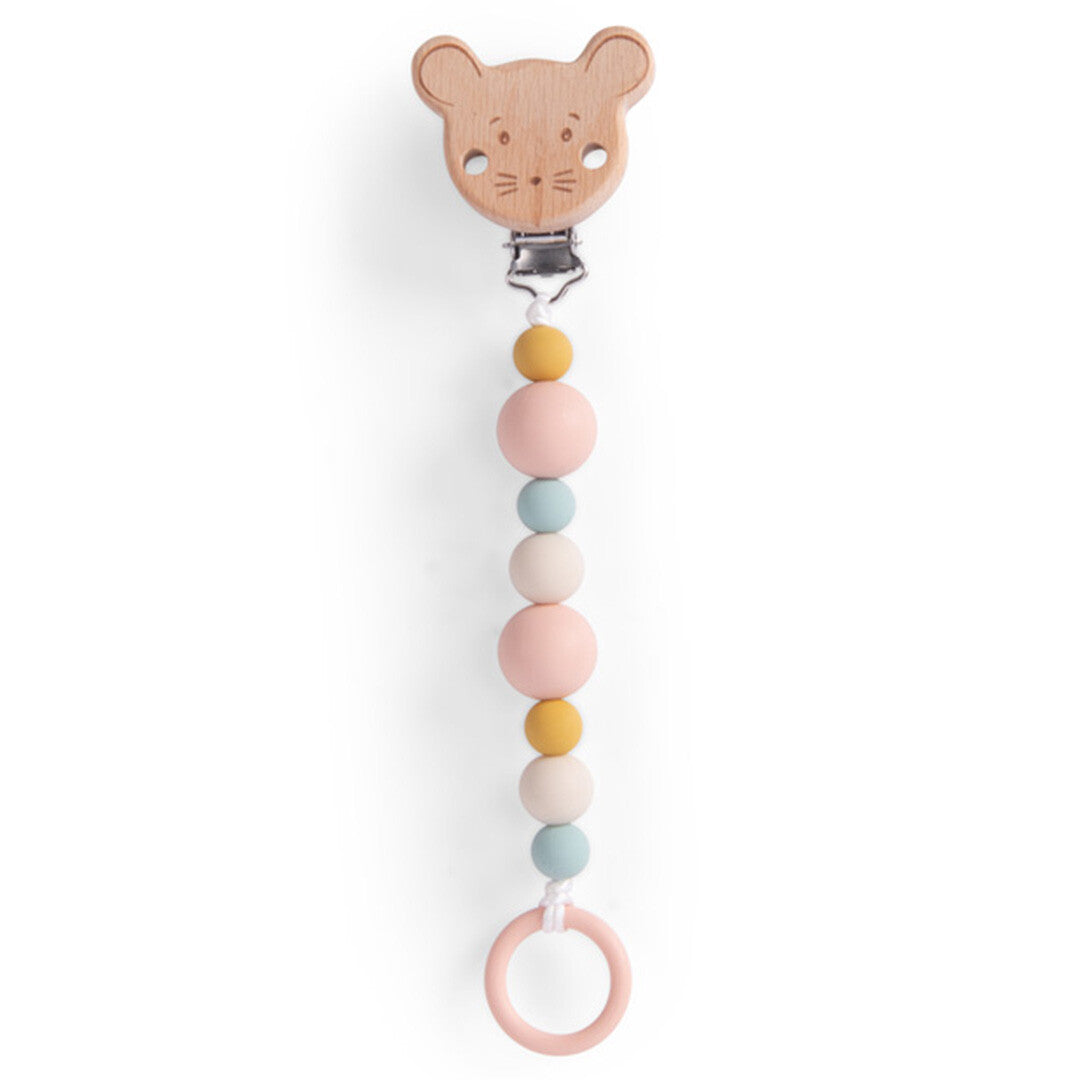 Moulin Roty babyspeenkoord met houten muizenkopje, gekleurde kralen en roze ring.
