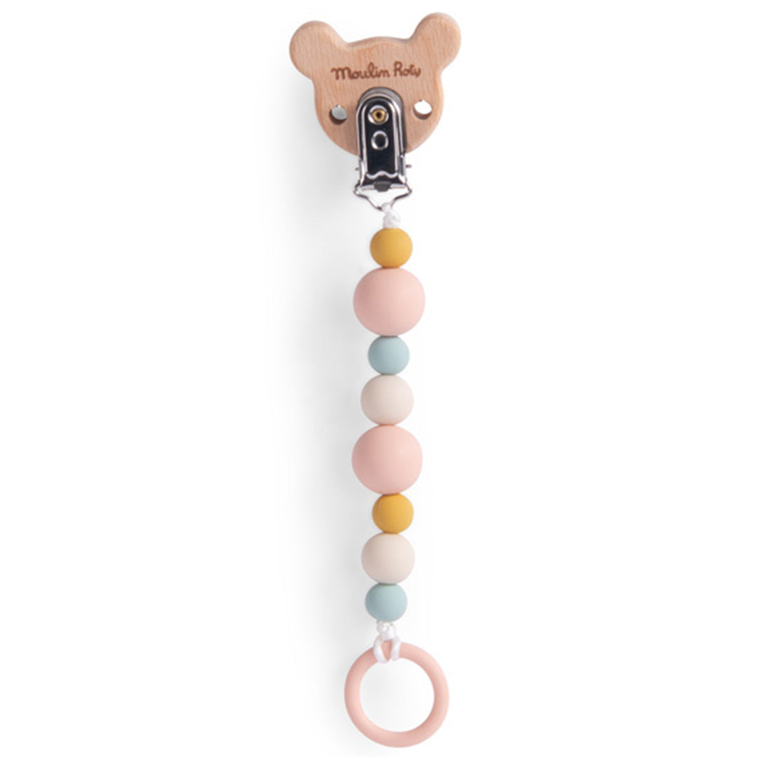 Moulin Roty babyspeenkoord met houten muizenkopje en gekleurde kralen, gezien vanaf de achterkant.