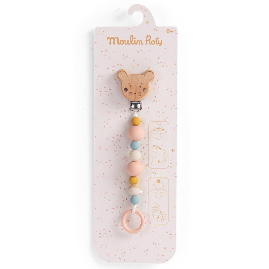 Moulin Roty babyspeenkoord met houten muizenkopje en gekleurde kralen op de verpakking.