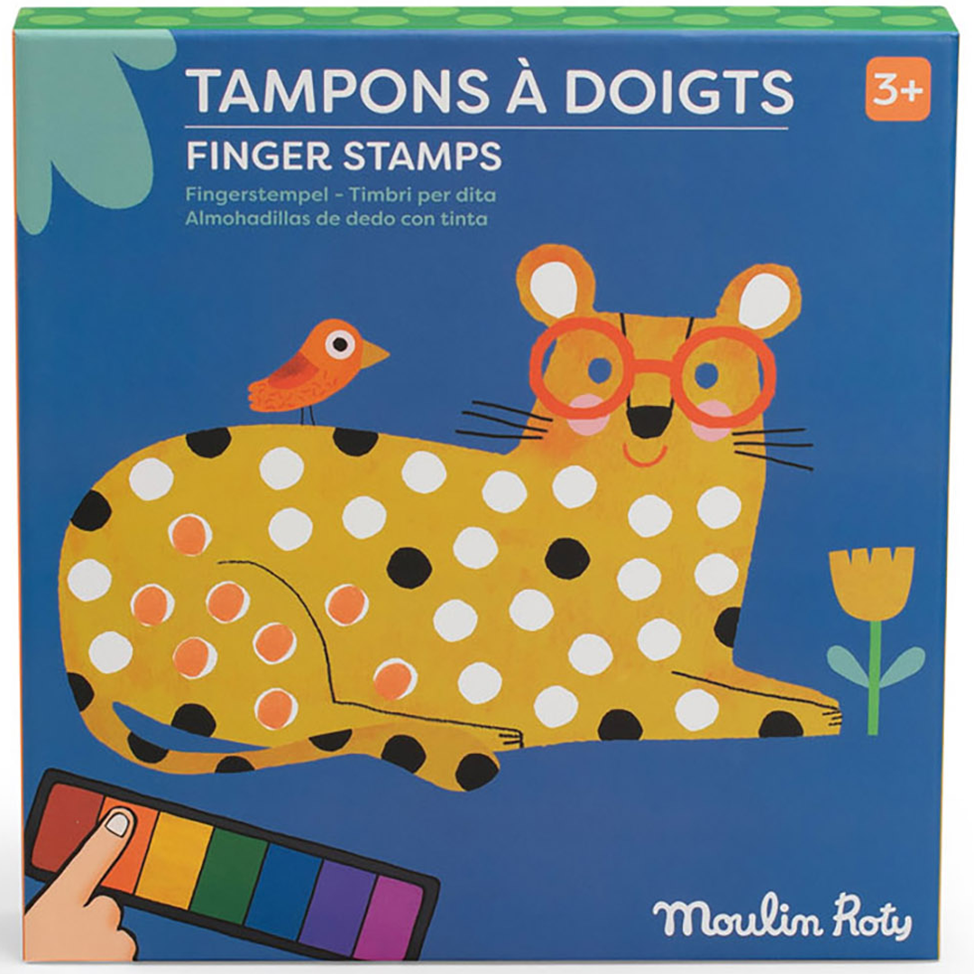 Moulin Roty verpakking van de vingerstempelset met een geel gestippelde luipaard met bril en een vogel.