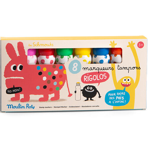 De verpakking van de Moulin Roty stempelstiften met een rood konijn en gele monsterfiguren.