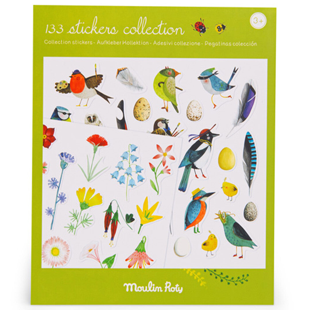 Voorkant van de Moulin Roty stickerset verpakking met afbeeldingen van vogels, eieren en bloemen.