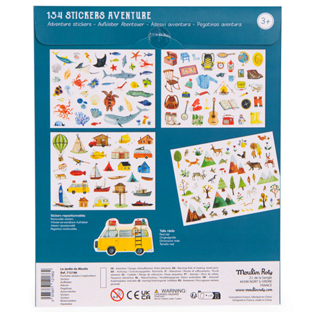 De achterkant van de Moulin Roty stickerset verpakking met voorbeelden van de verschillende stickercollecties en productinformatie.