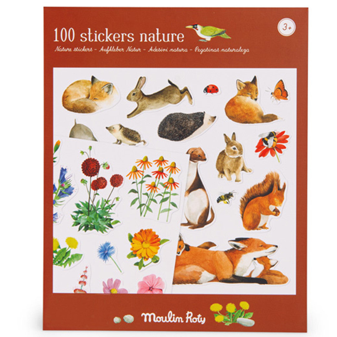 Moulin Roty stickerset verpakking met 100 natuurstickers van dieren en bloemen.