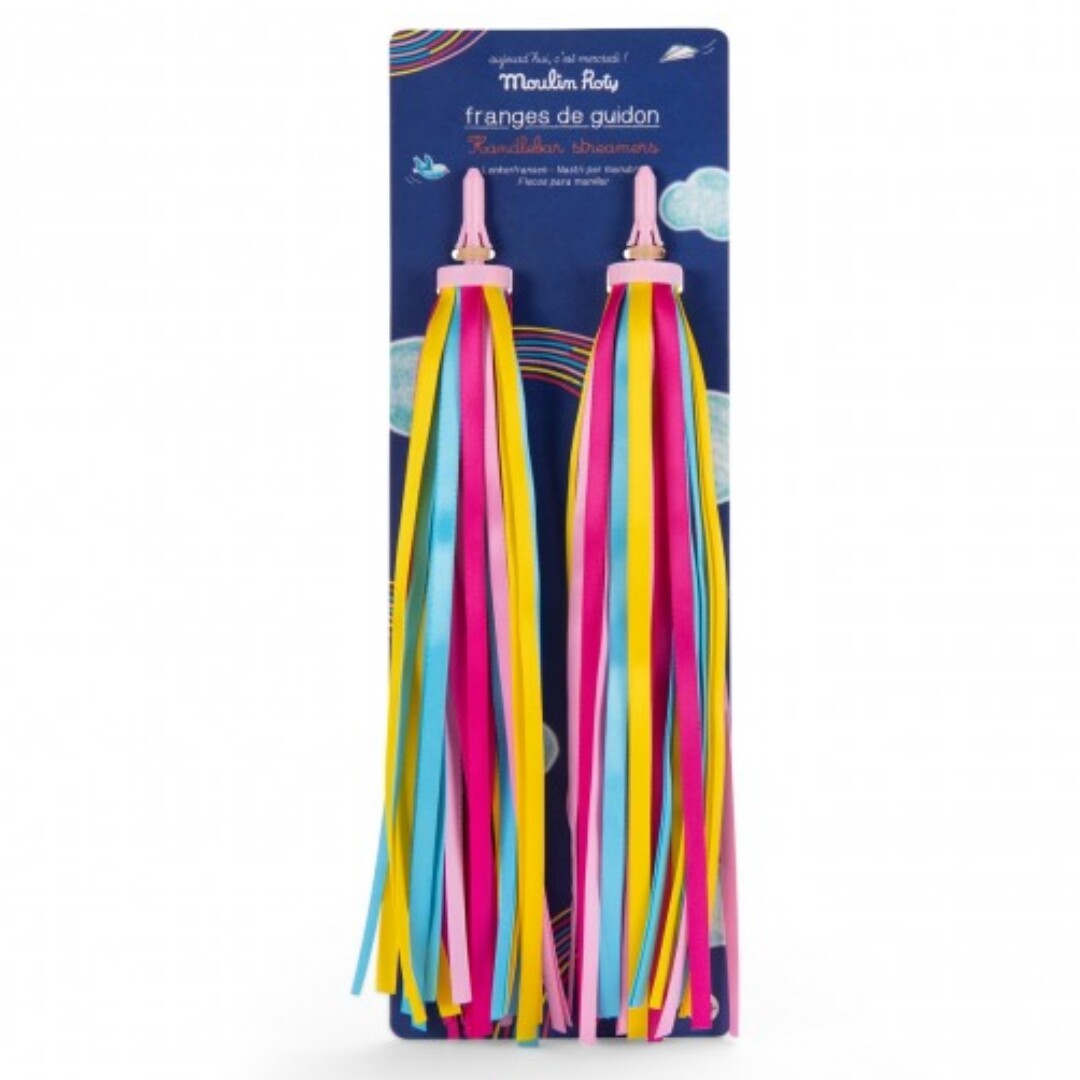 Moulin Roty stuurslingers in roze, geel en blauw op de verpakking.