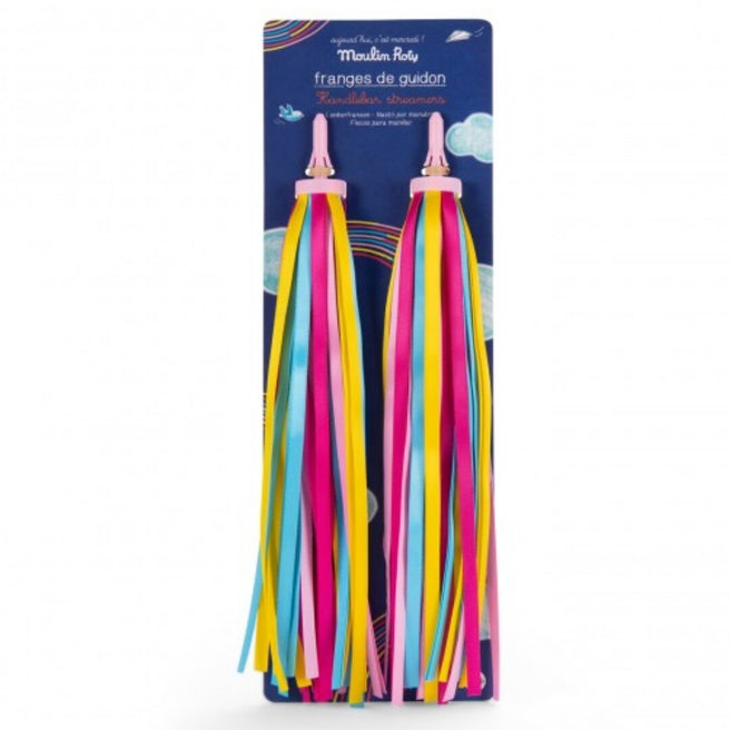 Moulin Roty stuurslingers in roze, geel en blauw op de verpakking.