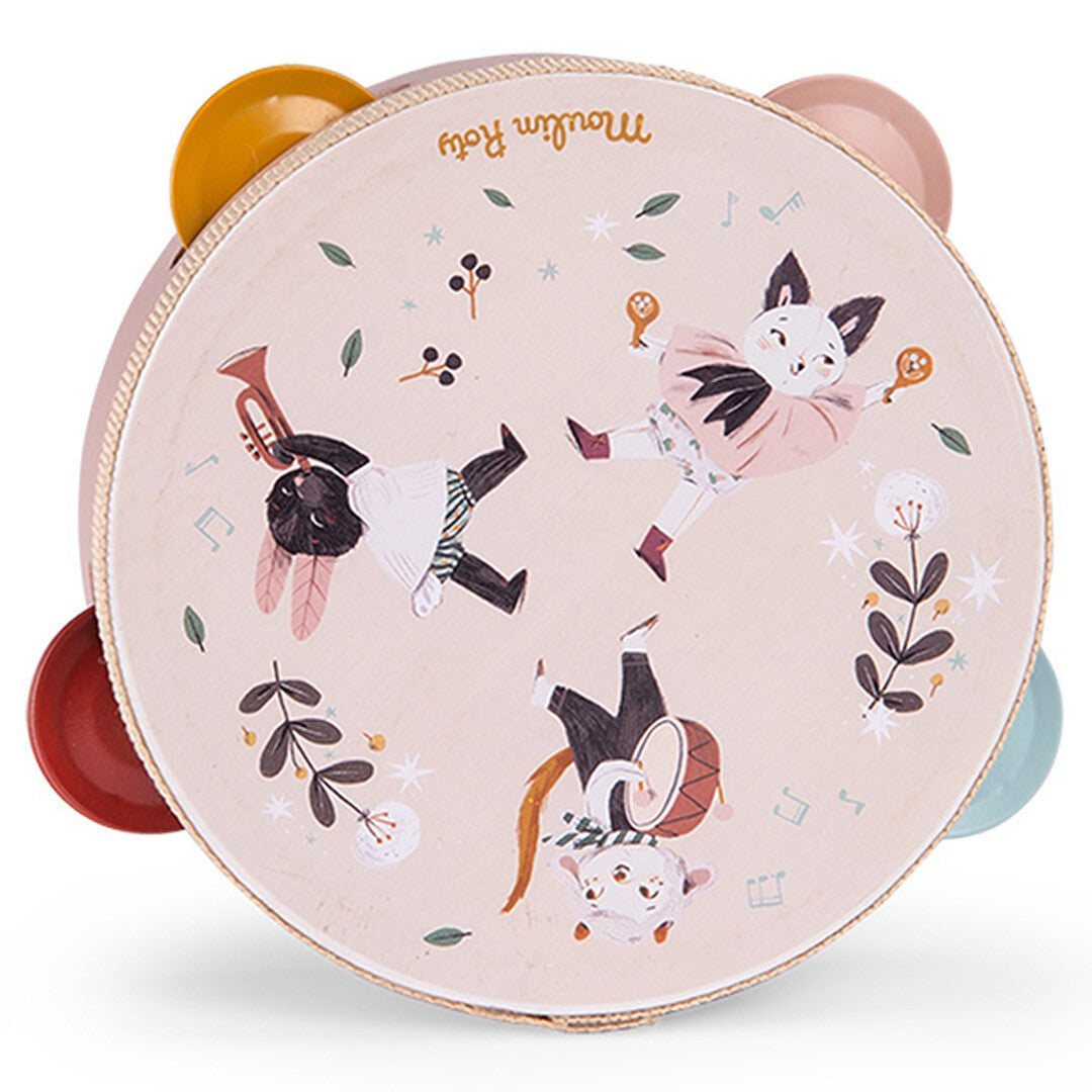 Moulin Roty roze houten tamboerijn met dieren die muziekinstrumenten bespelen.