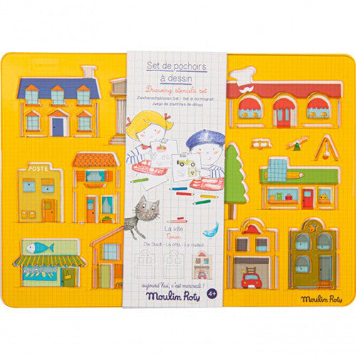 De gele verpakking van de Moulin Roty tekensjablonen 'La ville' met illustraties van gebouwen en kinderen.