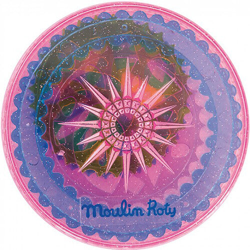 Verpakking van de Moulin Roty tekensjablonen spiralen set, een ronde roze doos met glitter en het logo.