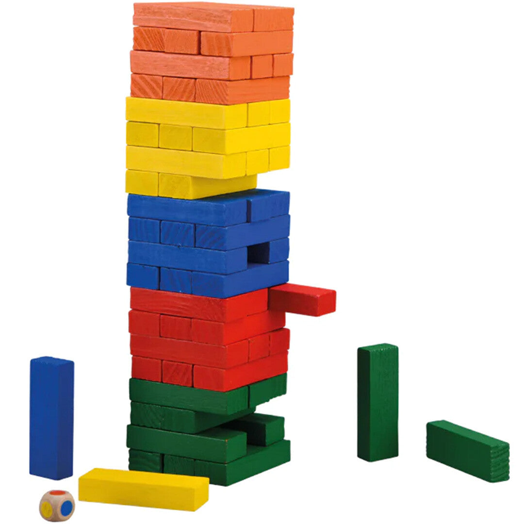 Moulin Roty torenspel met een toren van kleurrijke houten blokken, losse blokken en een dobbelsteen.