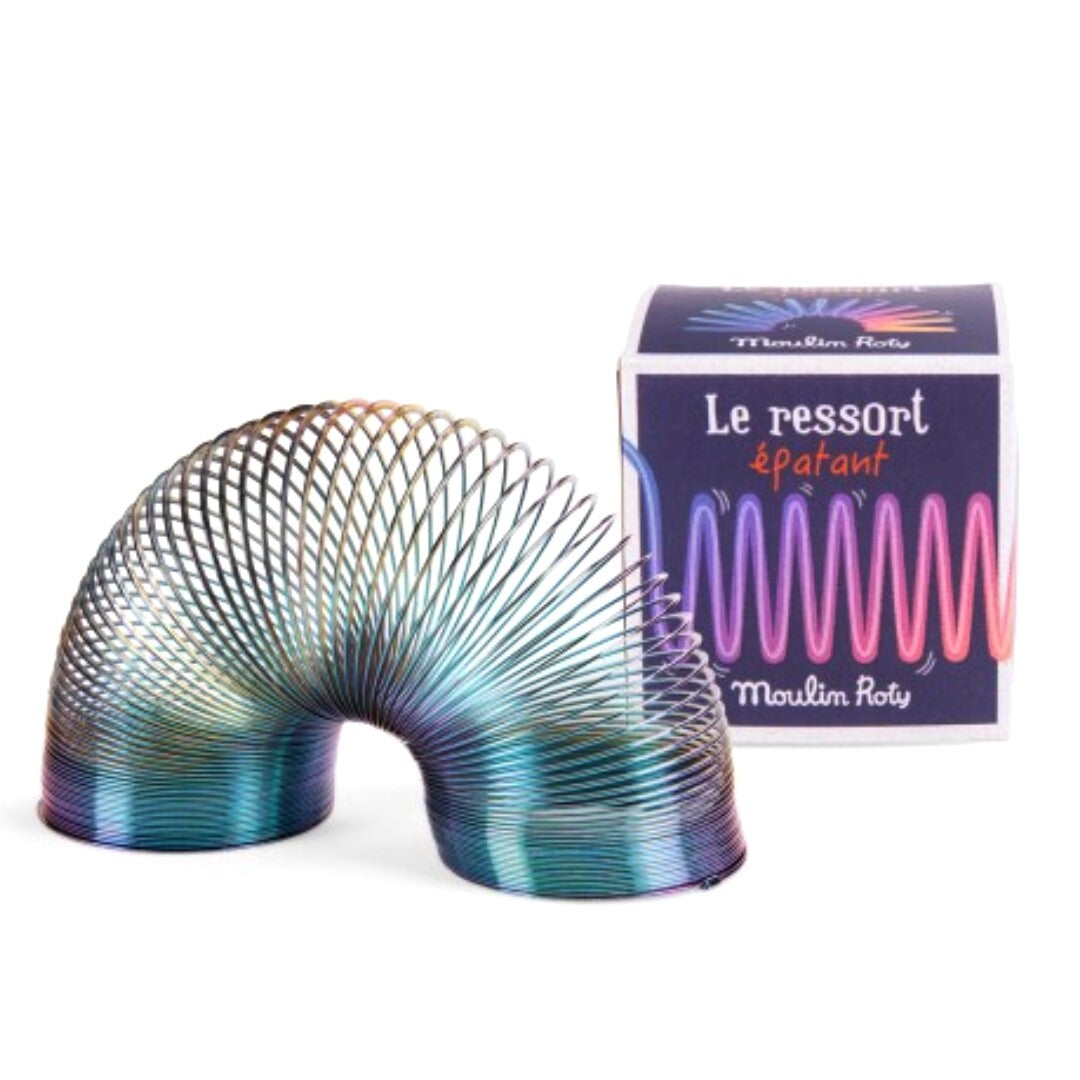 Moulin Roty veelkleurige metalen traploper in boogvorm met de productverpakking ernaast.