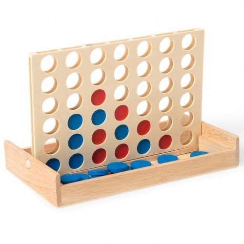 Moulin Roty houten vier op een rij bordspel met rode en blauwe schijven.