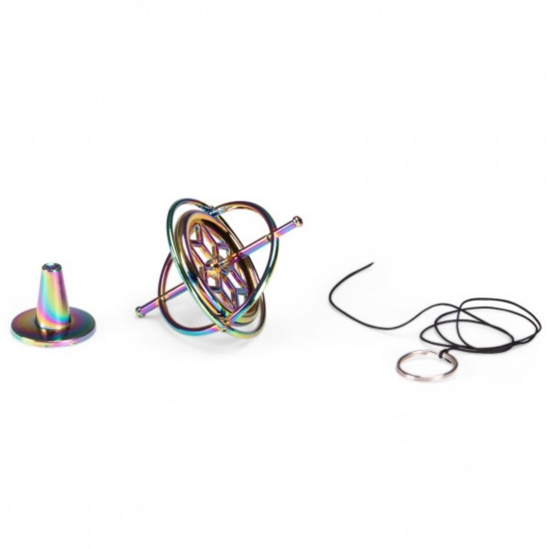Moulin Roty regenboogkleurige gyroscoop met losse standaard en touwtje.