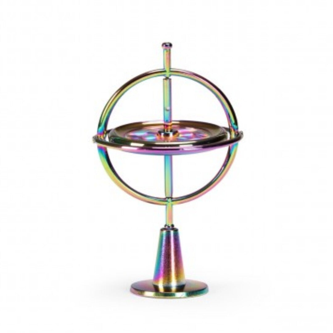 Moulin Roty regenboogkleurige gyroscoop op standaard, van voren gezien.