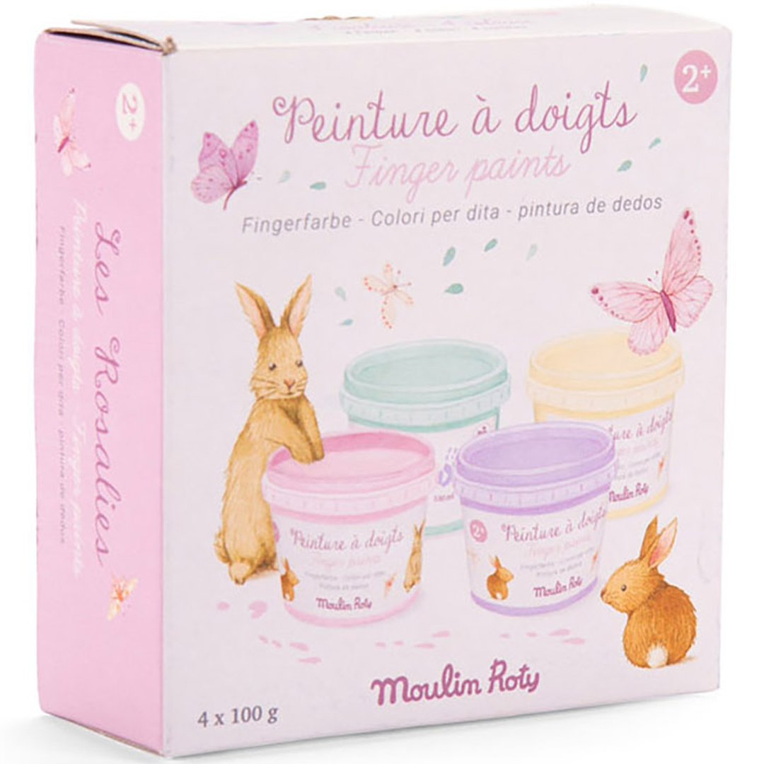 De verpakking van Moulin Roty vingerverf met illustraties van konijnen en vlinders.