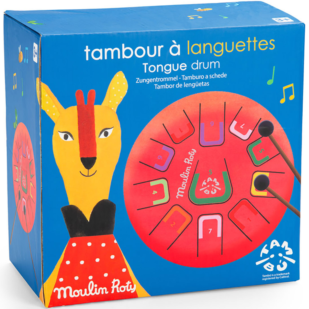 Verpakking van de Moulin Roty rode metalen tongdrum met een illustratie van een lama.