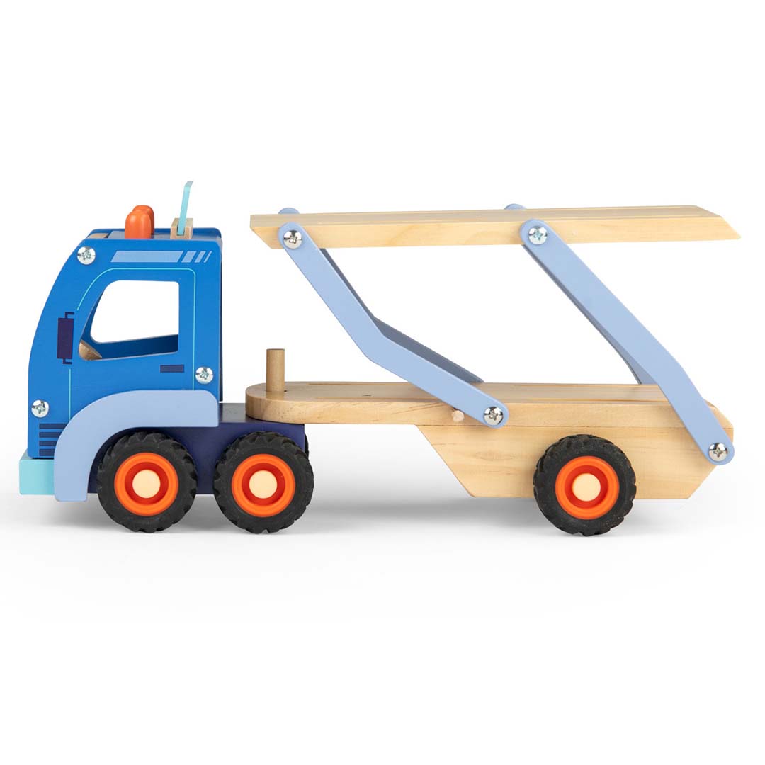 Moulin Roty houten autotransportwagen zonder auto's, met de bovenste verdieping omhoog geklapt.