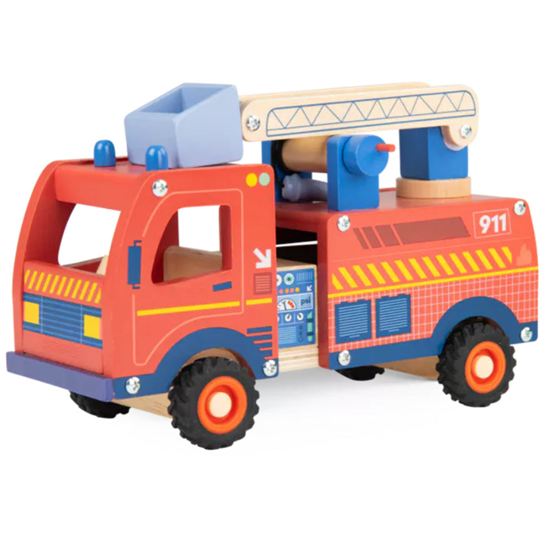 Moulin Roty houten brandweerwagen met uitschuifbare ladder en blauwe bak.